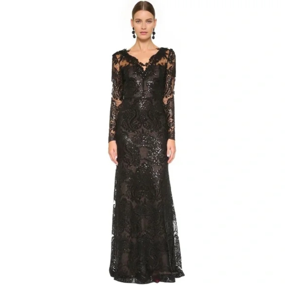 *$1,500.00 MARCHESA NOTTE EXCLUSIVE BLACK LACE BEAD RUNWAY GOWN SIZE US S